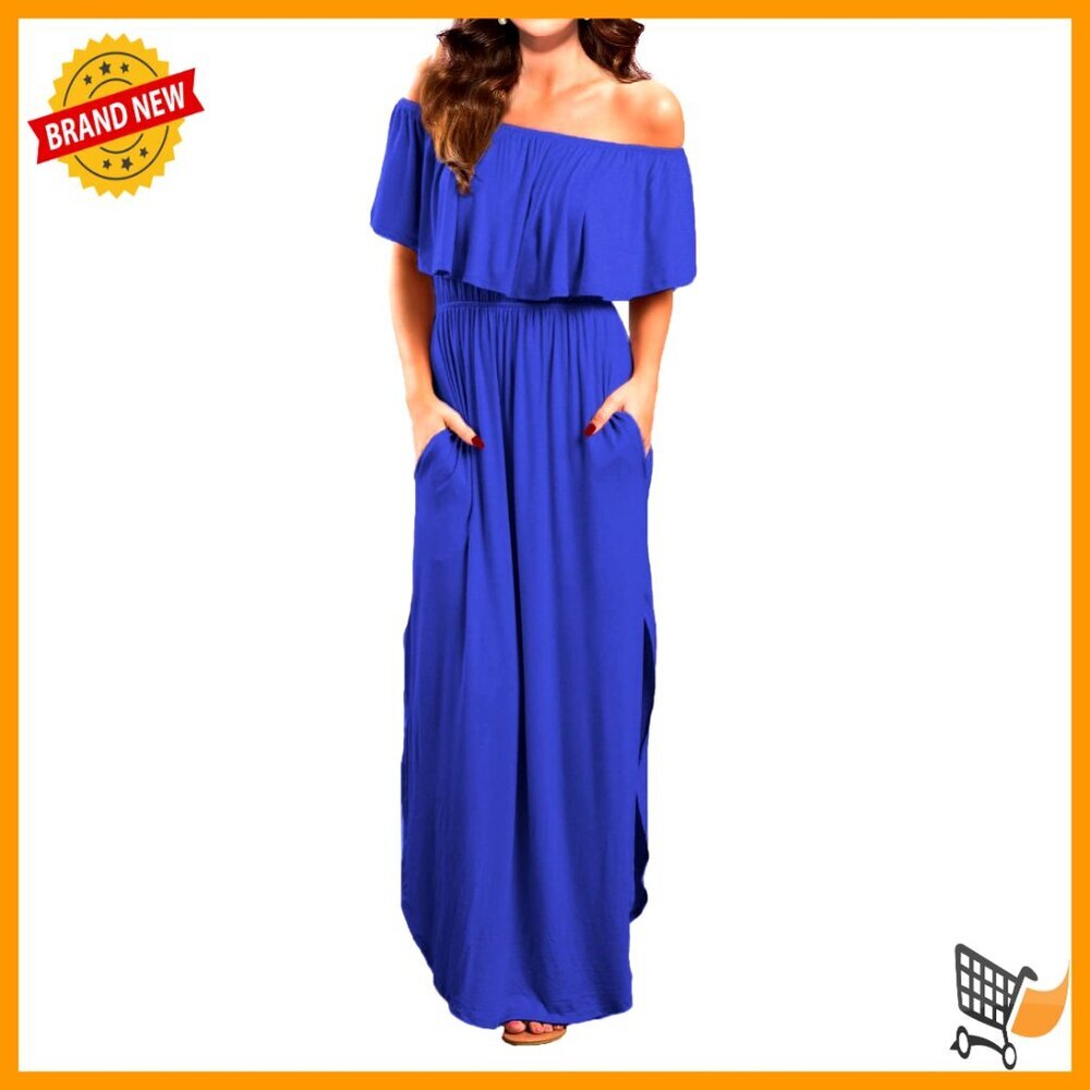 Off Shoulder Maxi Dress with Pockets, Ruffle Detail, Maternity Friendly